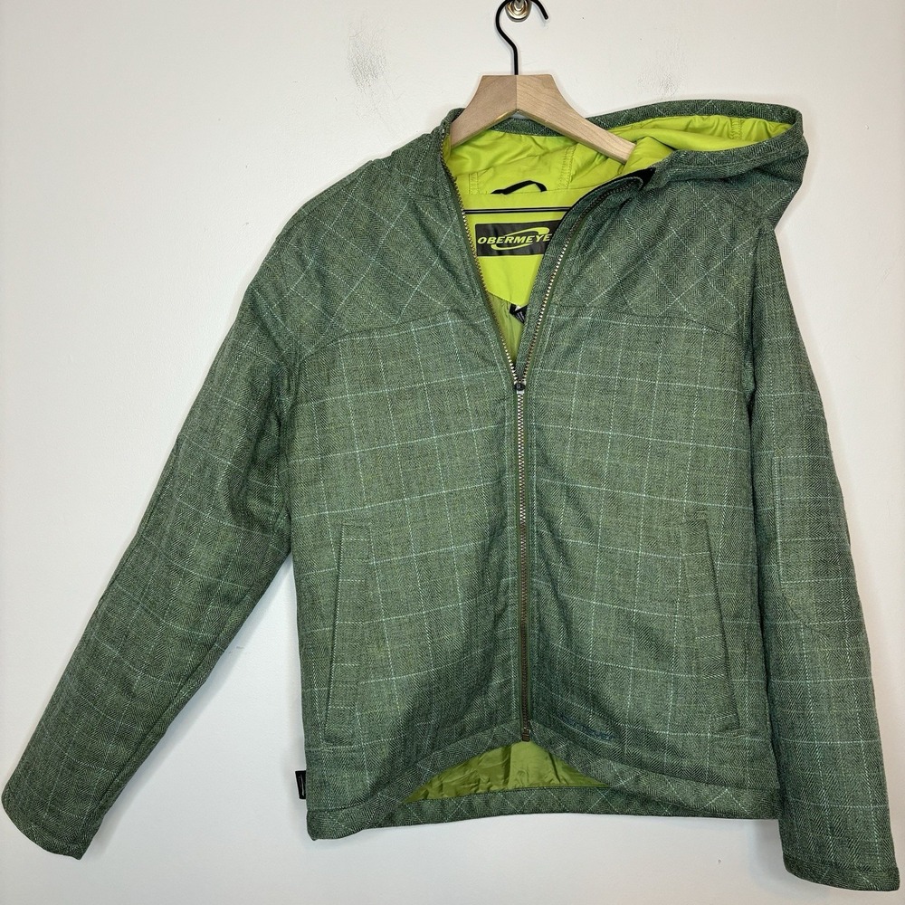 Obermeyer Women's 8 Green Bombshell Hooded Puffer Ski Jacket Snowboard Plaid Y2K